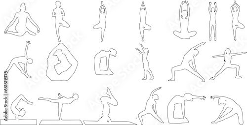 yoga poses hand drawn line art vector illustration. Perfect for fitness, health, and meditation. Features silhouettes of people practicing 19 different yoga poses 