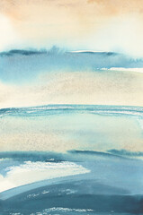 Ink watercolor hand drawn smoke flow stain blot landscape on wet paper texture background. Beige, blue colors.