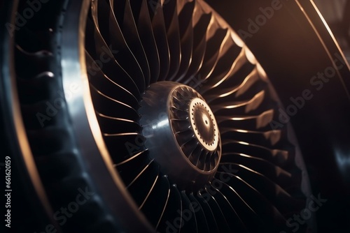 Close-up of turbine in jet engine fan with sunlight shining. Generative AI