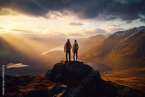 Two people stand on on mountain top and look at the landscape