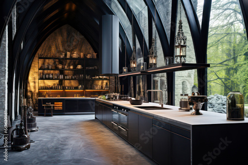 Gothic style modern kitchen  interior design  dark  black