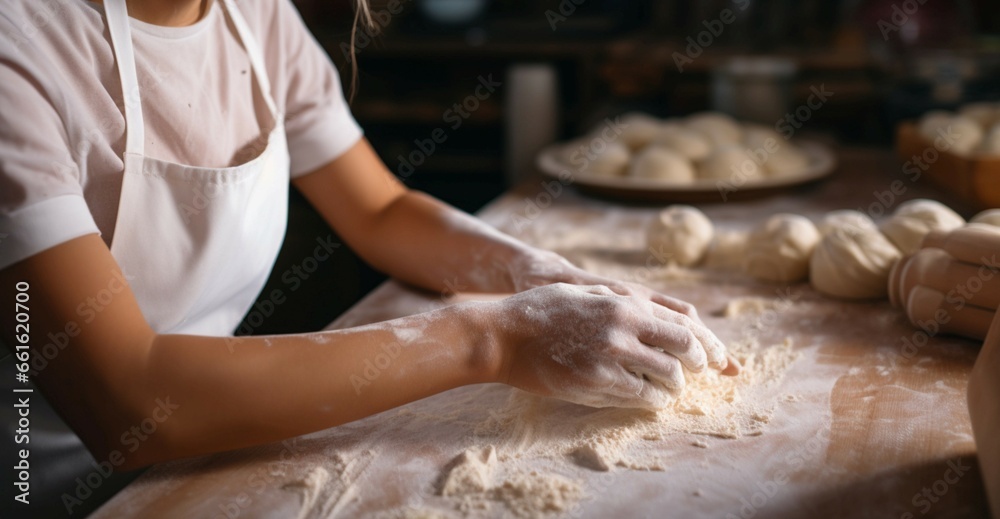 A close up view captures a young woman effortlessly rolling out dough