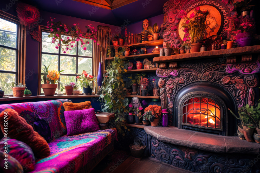 Whimsigothic living room with cozy fireplace and couch, purple