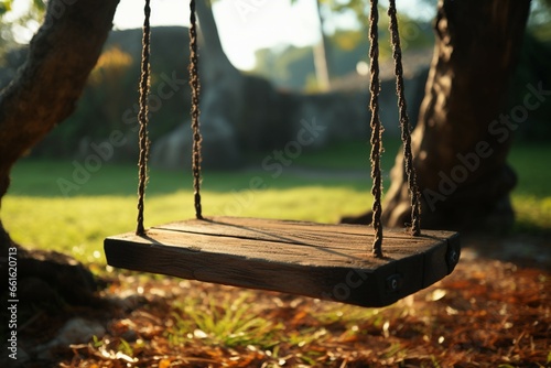 A closeup shot of a weathered wooden swing hanging from a tree