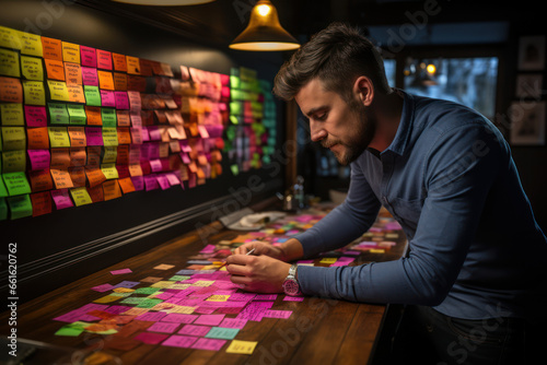 A group of friends writing their New Year's resolutions on colorful sticky notes and attaching them to a "2024" poster board. Concept of goal-setting. Generative Ai.