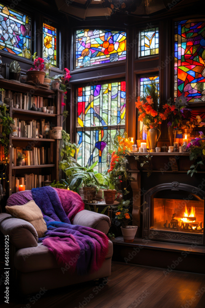 Whimsigothic cozy interior with fireplace, bookshelves, stained glass windows and chair, vertical