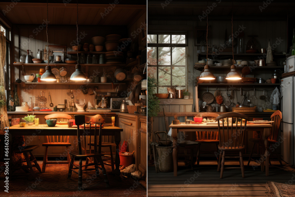 A split-screen image showing how a scene appears under different lighting conditions, emphasizing the role of lighting in visual perception. Generative Ai. A split-screen image showing how a scene appears under different lighting conditions, emphasizing the role of lighting in visual perception. Generative Ai.