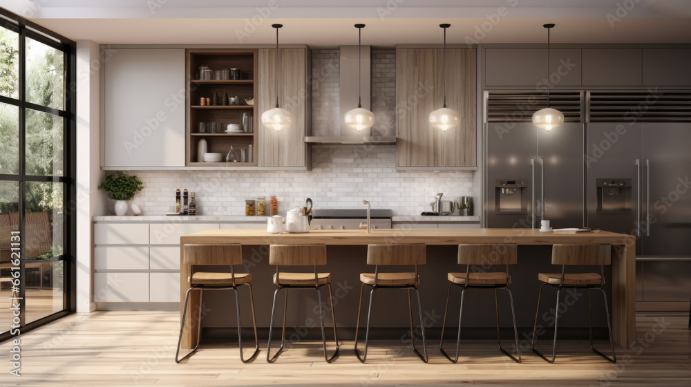 modern kitchen is well-equipped with stainless steel appliances and a large island with seating modern kitchen is well-equipped with stainless steel appliances and a large island with seating