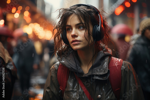 A person wearing noise-canceling headphones in a chaotic urban environment, exploring the impact of sound perception on our daily lives. Generative Ai.