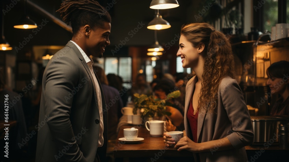 A diverse couple engaged in conversation at a office restaurant