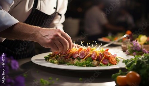 A talented chef adds artistic touches while garnishing a beautifully prepared meal