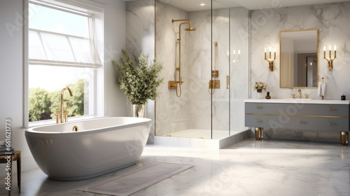 modern bathroom features a large walk-in shower and a two-person vanity and a large soaking tub The walls and floor are tiled in marble and gold fixtures provide a touch of luxury photo