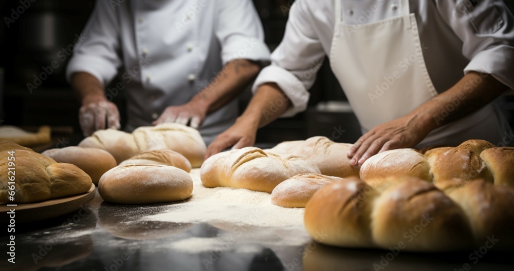 A white uniformed chef team kneads pastry dough for bakery items