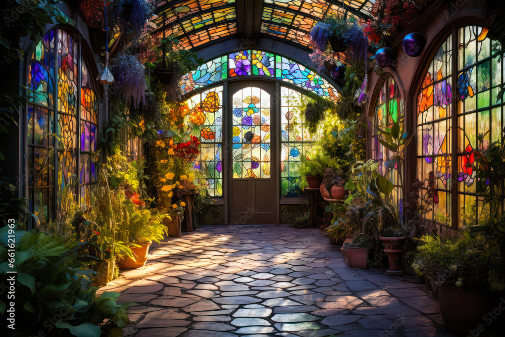 Obraz premium Whimsigothic style greenhouse with colorful stained glass windows