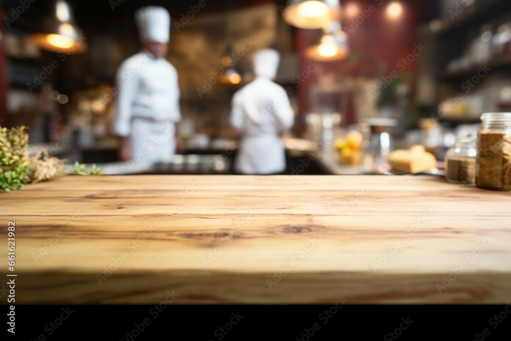 A wooden table stands empty as a chef works in the kitchen