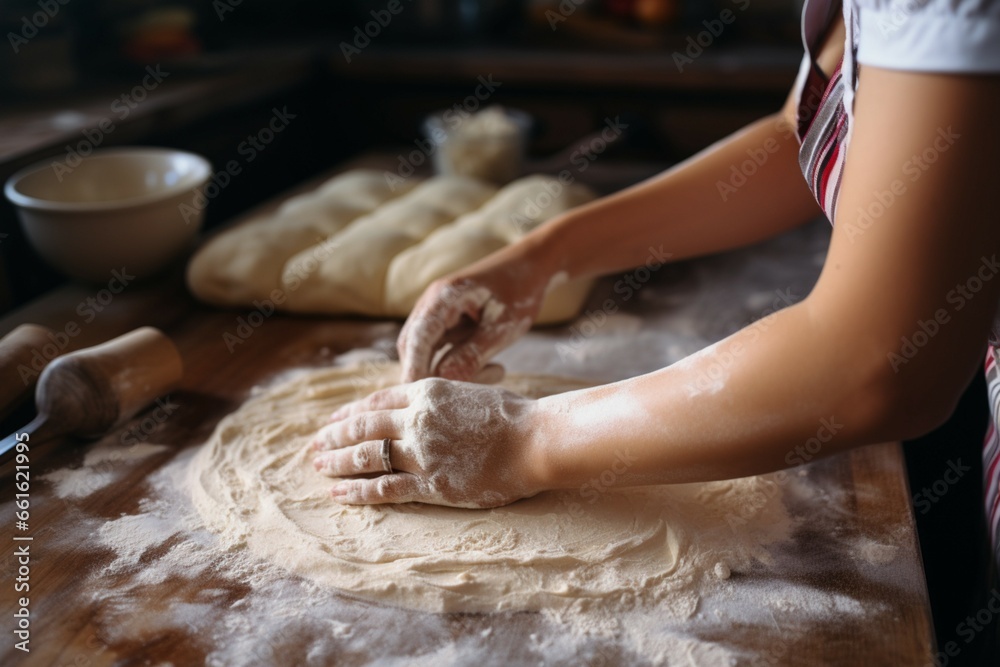 A young womans hands expertly use a rolling pin to flatten dough