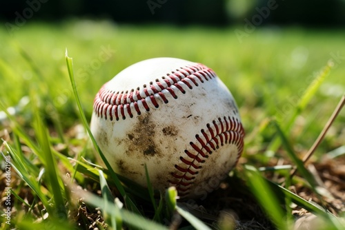Antique baseball on vibrant grass, with space for text, emblematic of American sports
