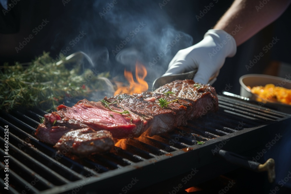 Chefs hands skillfully cook meat, grilling and roasting a succulent beef piece