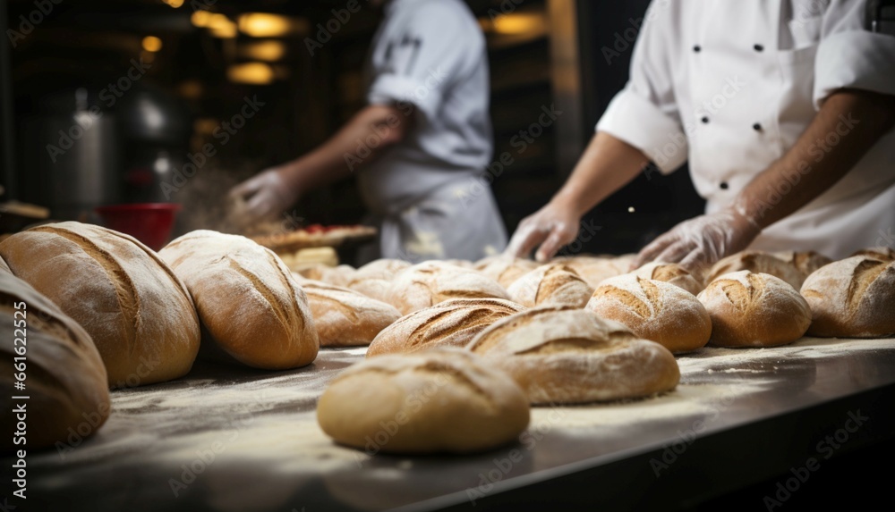 Chefs in white uniforms knead pastry dough, with bread in the foreground