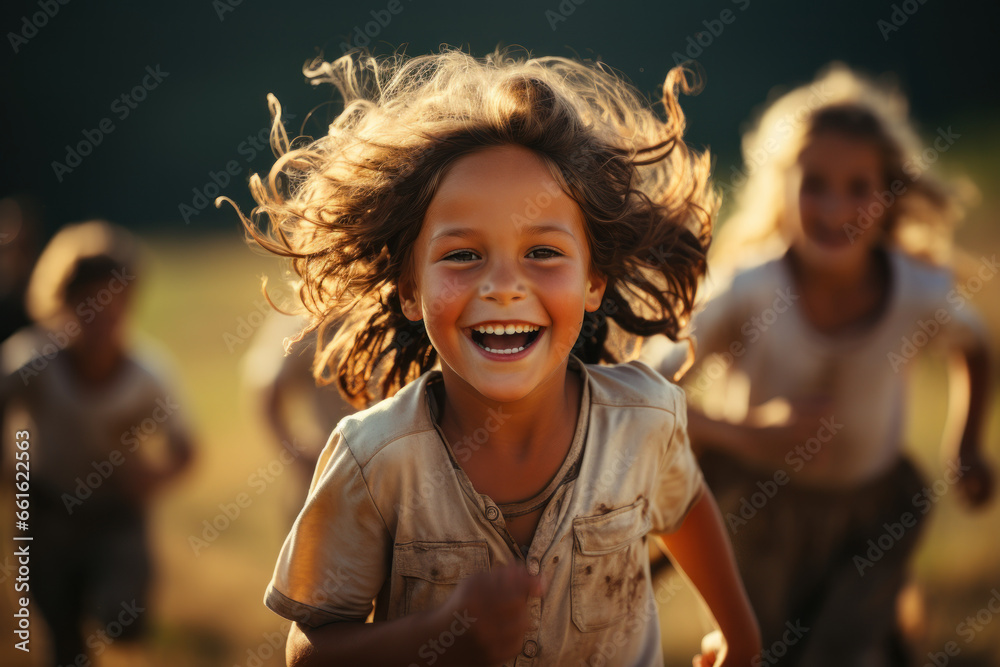 Children chasing a soccer ball with unbridled enthusiasm on a sun-drenched field. Concept of the joy of youth sports. Generative Ai. Children chasing a soccer ball with unbridled enthusiasm on a sun-drenched field. Concept of the joy of youth sports. Generative Ai.