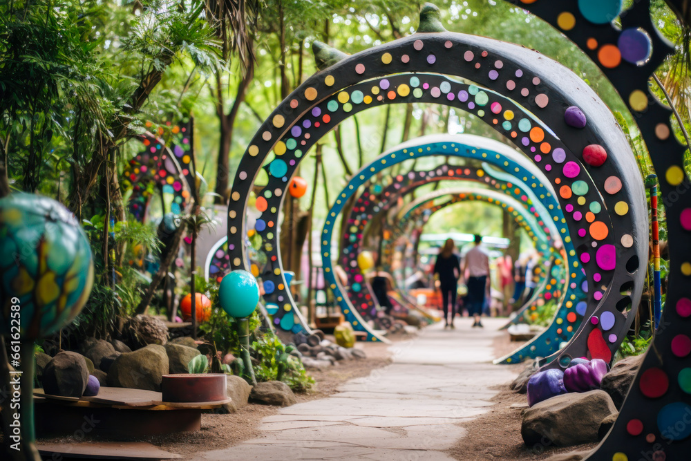 Fototapeta premium Fun whimsical colorful circle arches over path through garden