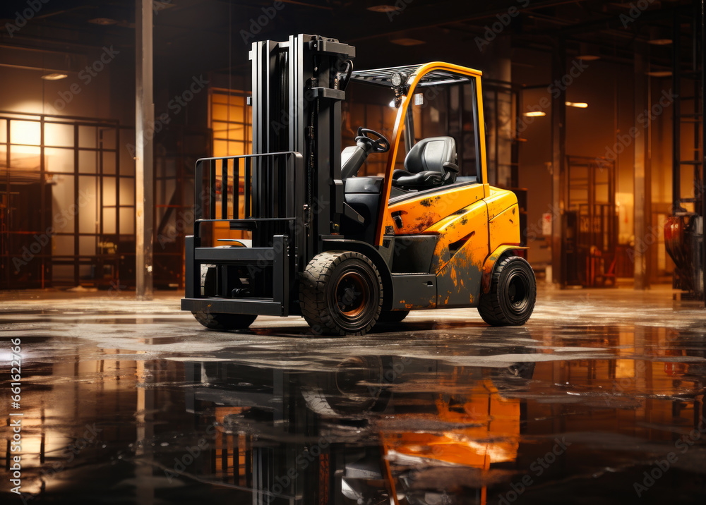 A bright yellow forklift parked in a warehouse