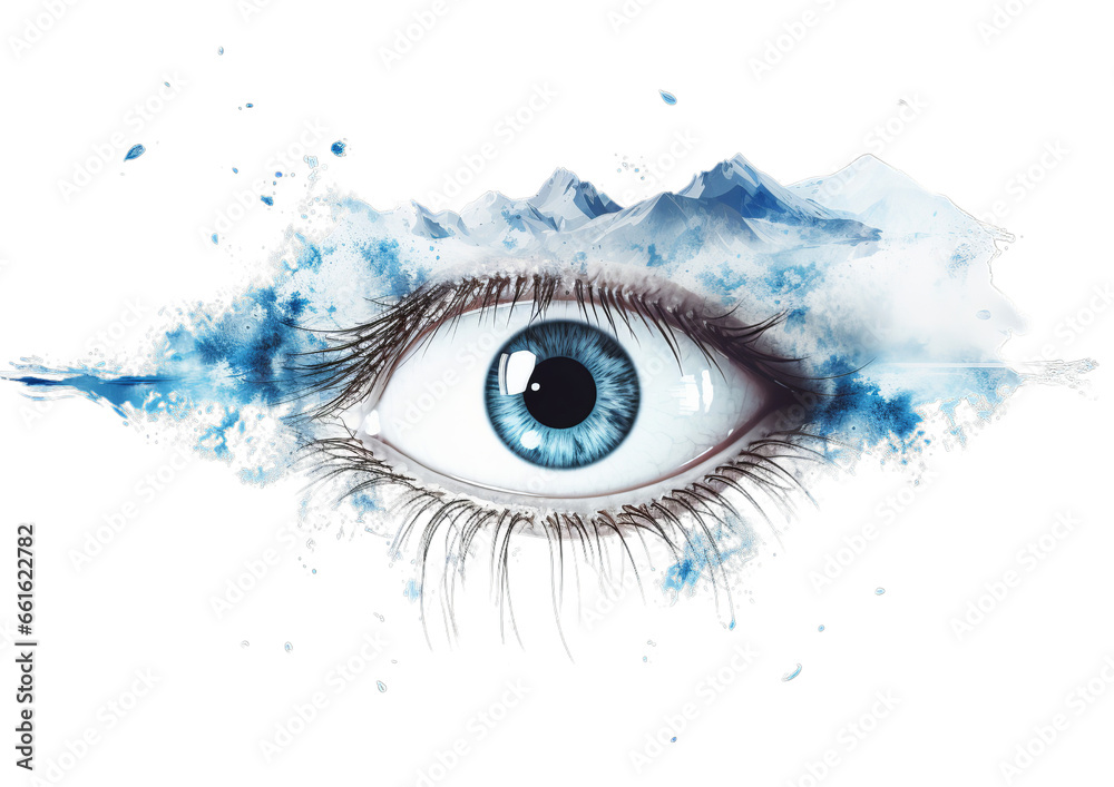 A mesmerizing blue eye with a majestic mountain as its backdrop A mesmerizing blue eye with a majestic mountain as its backdrop