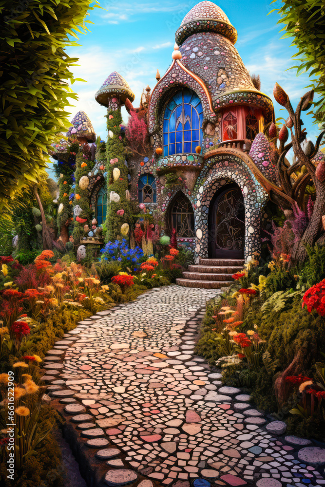Whimsigothic style house exterior design with mosaic stone tile, vertical