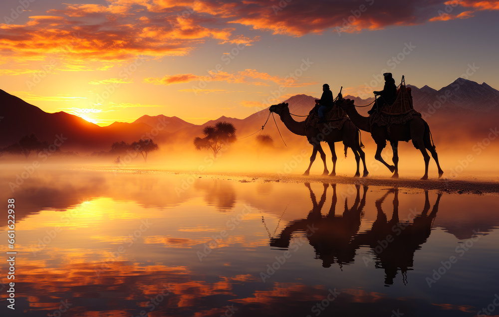 Fototapeta People riding on camels in the desert. A couple of people riding on the backs of camels