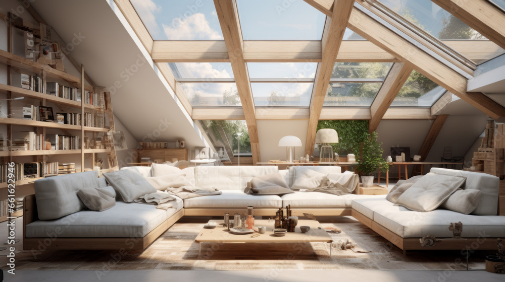 modern attic is bright and airy and featuring skylights and exposed beams and and a cozy seating area