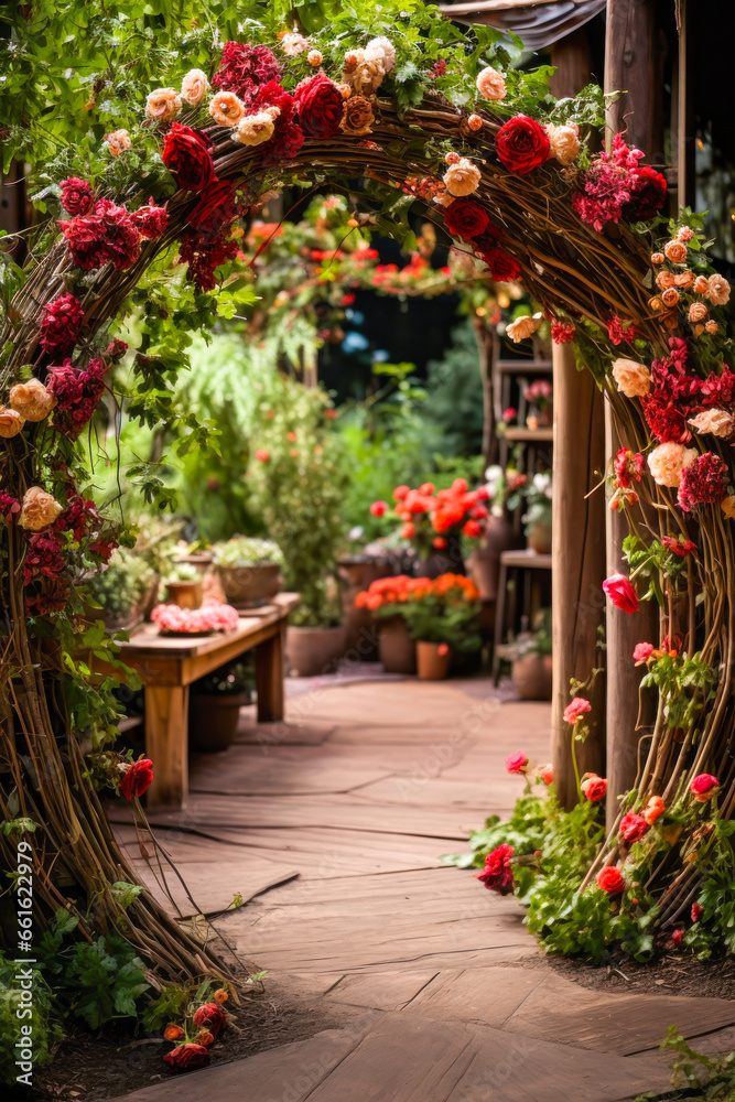 Whimsigothic garden arch with red and white roses flowers, vertical