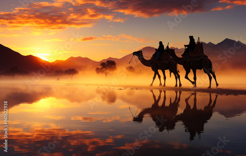 People riding on camels in the desert. A couple of people riding on the backs of camels