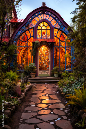 Whimsigothic style greenhouse in the garden at night  vertical