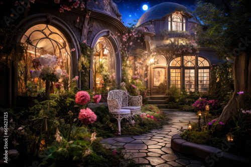 Whimsigothic style house garden at night, white bench, stone path