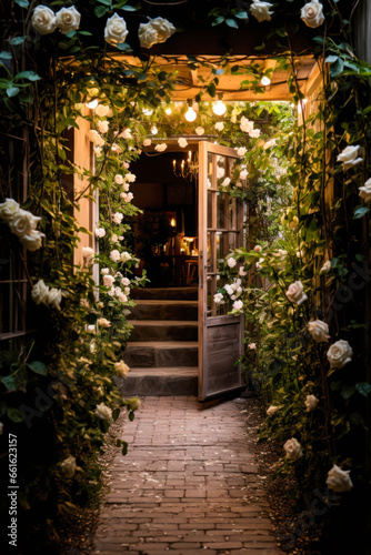 Whimsigothic style garden path to open door at night  white roses flowers and bulb string lights  vertical