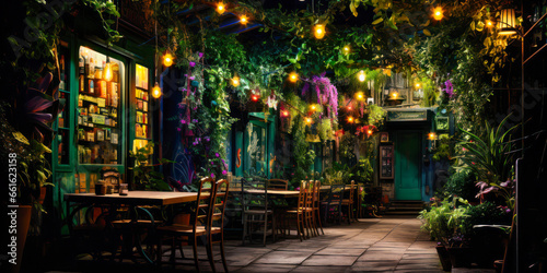 Whimsigothic style green outdoor cafe at night, tables and chairs, plants and string lights, wide