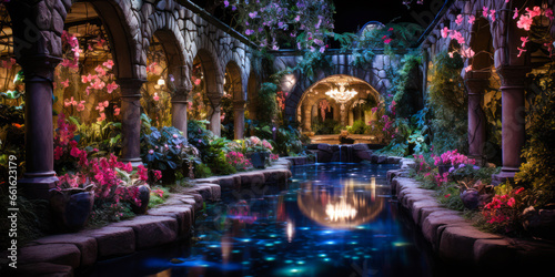 Whimsigothic style garden courtyard pool at night, stone pillars, flowers, plants, wide