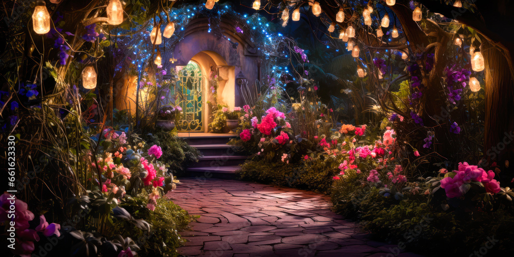 Whimsigothic style garden at night, lights, flowers, wide
