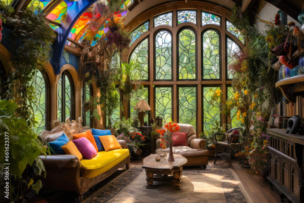 Whimsigothic cozy living room interior design with colorful couch and glass windows in the forest woods