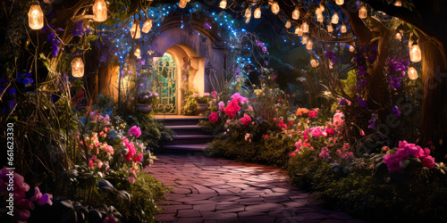 Whimsigothic style garden at night, lights, flowers, wide © Sunshower Shots
