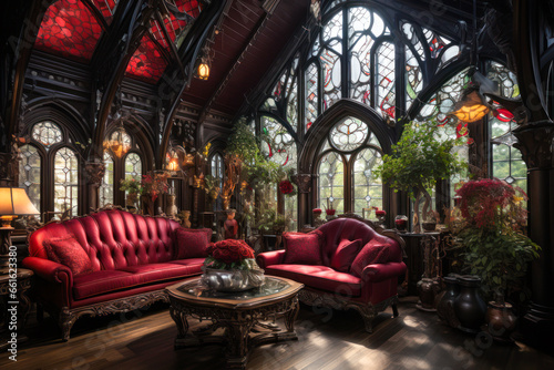 Whimsigothic style living room with red couches, Gothic windows