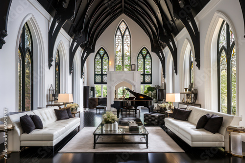 Gothic style living room interior design  white and black  piano  arched windows  couches
