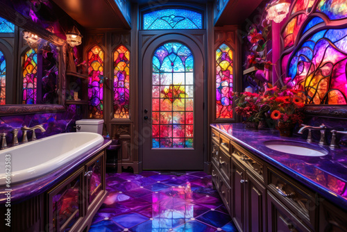 Whimsigothic style colorful bathroom with stained glass windows and door © Sunshower Shots