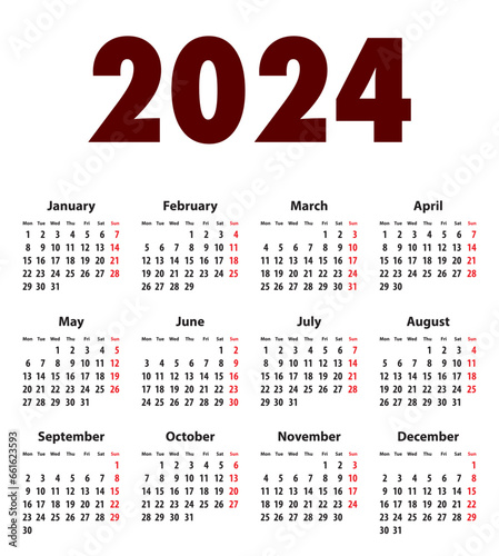 English Calendar grid bold digits for 2024. MF