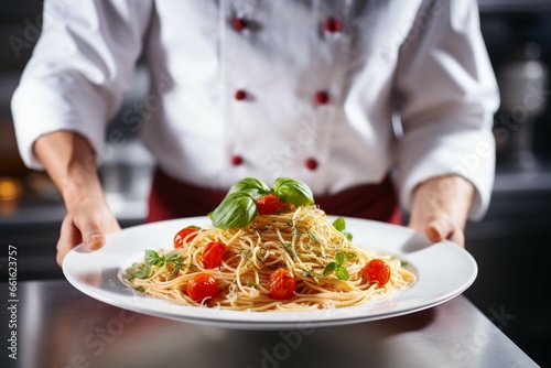 Restaurant chef presents a plate of Italian spaghetti bolognese in the kitchen