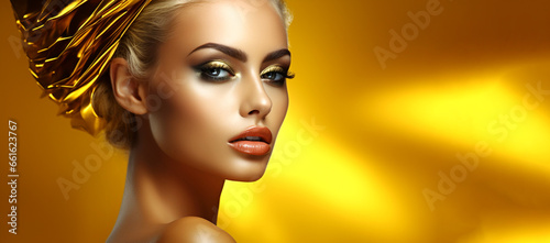 Fashion model girl with golden makeup. Art design. Close-up.