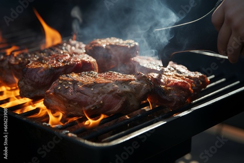 Succulent meat grilling, enveloped in smoky tendrils of delicious flavor