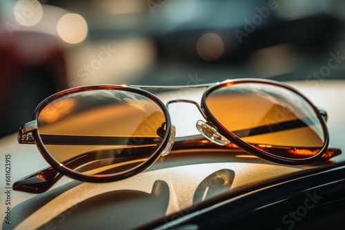 Sunnies resting casually on the cars dashboard under the warm sunshine