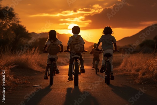 Sunset bike ride Silhouettes of active Asian children on the horizon