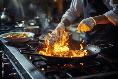 The chef ignites a fiery flambe by tilting the pan on the stove
